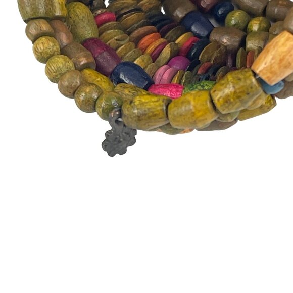 Colorful Wooden Beaded Coil Bracelet with Flower Charms - Picture 4 of 8